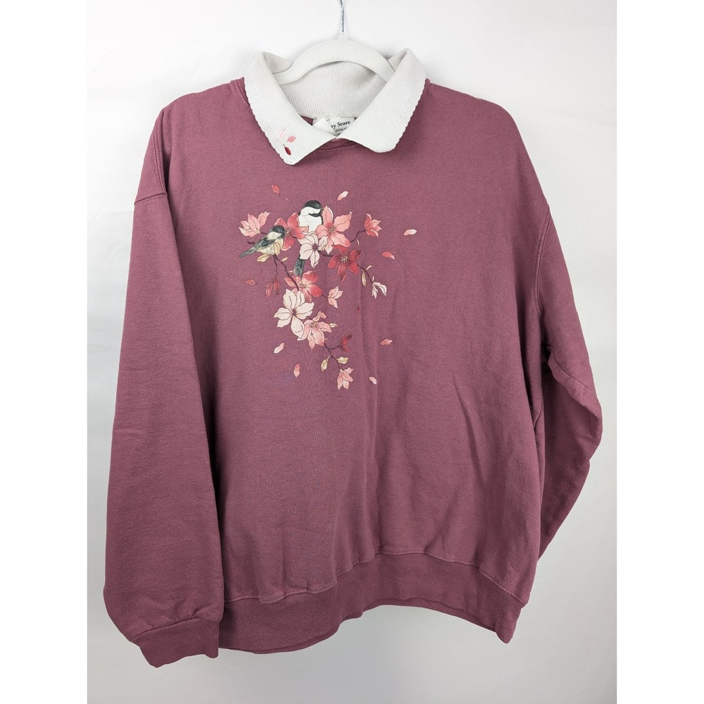 Vintage 90s Floral Bird Collared Sweatshirt Size 2X Chickadee Cottagecore Granny